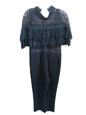 Self-Portrait Black Lace Cape Jumpsuit With Sheer Bodice & Ruffle Detail Size 8